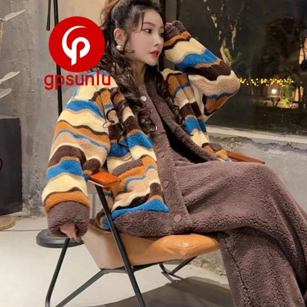 gpsunlu多巴胺条纹宽松软糯保暖睡衣女秋冬新款加绒珊瑚绒家居服