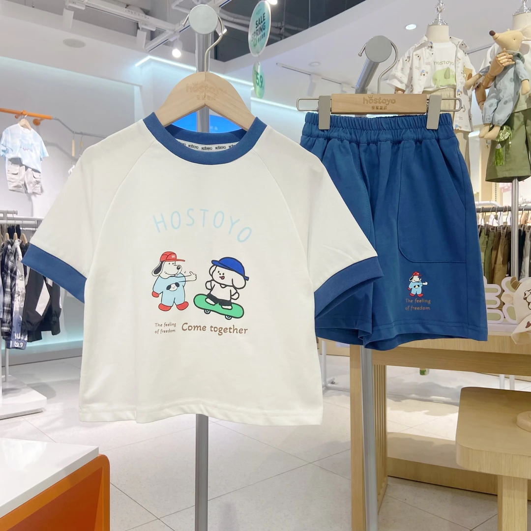 皇室童缘【纯棉】2025男童夏装卡通水印花套装中大童夏季五分短裤