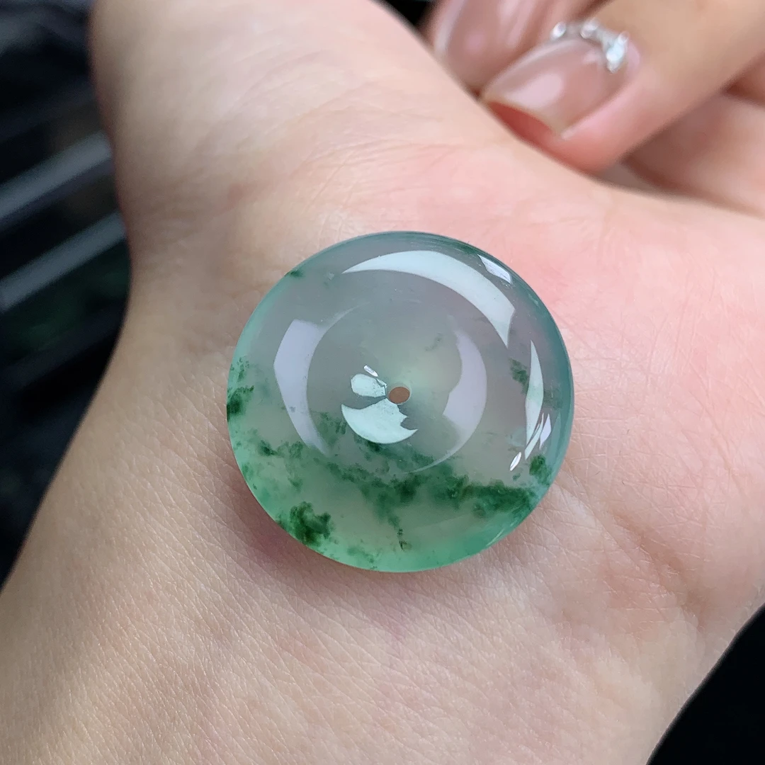 23.8×5.6mm天然缅料A货翡翠 冰飘绿花平安扣吊坠一物一证保真保A