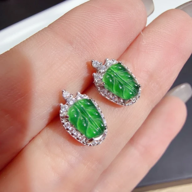 【伟伟鉴定】天然翡翠 银镶 叶子耳钉 10×7 时尚百搭饰品