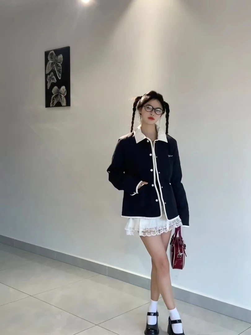 2025新款春季小香风复古高级感撞色翻领棉服夹棉外套女显瘦短裙子