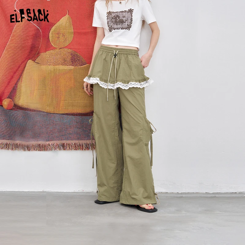 妖精的口袋蕾丝拼接设计感休闲裤2025裤子工装裤街头25210132