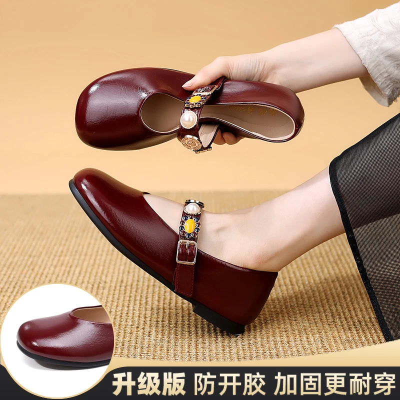 jinnuo/锦诺玛丽珍女鞋洋气方头软底休闲真皮2025新款单鞋女