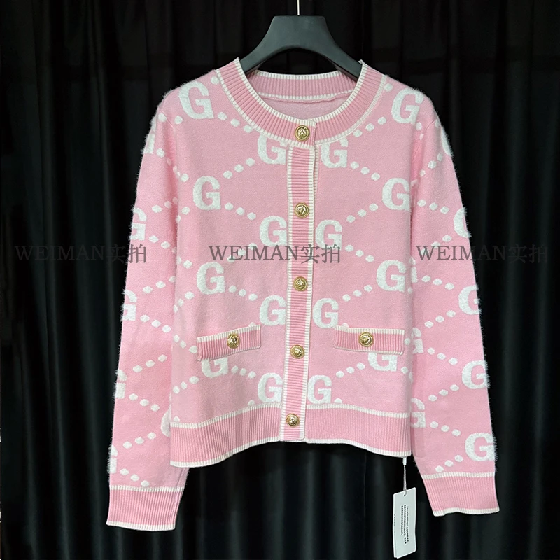 小香风长袖针织开衫毛衣外套女春秋季新款软糯粉色圆领上衣cx7799