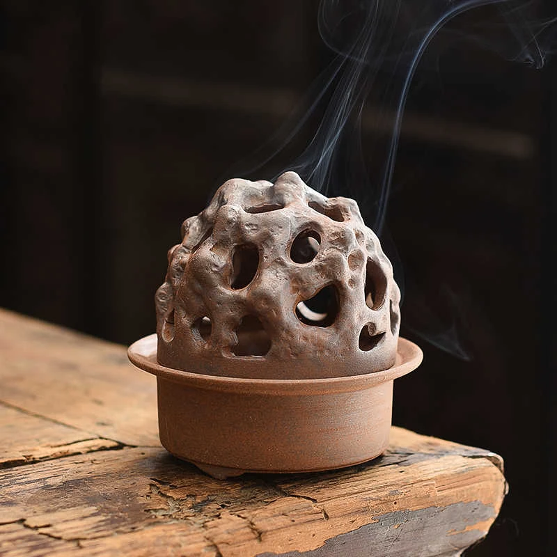 鸟巢香炉原矿粗陶茶空间禅意盘香炉室内陶瓷檀香沉香