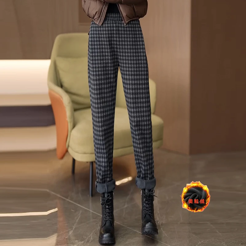冬季新款加绒加厚毛呢裤高腰格纹格子裤休闲百搭显瘦保暖小脚裤