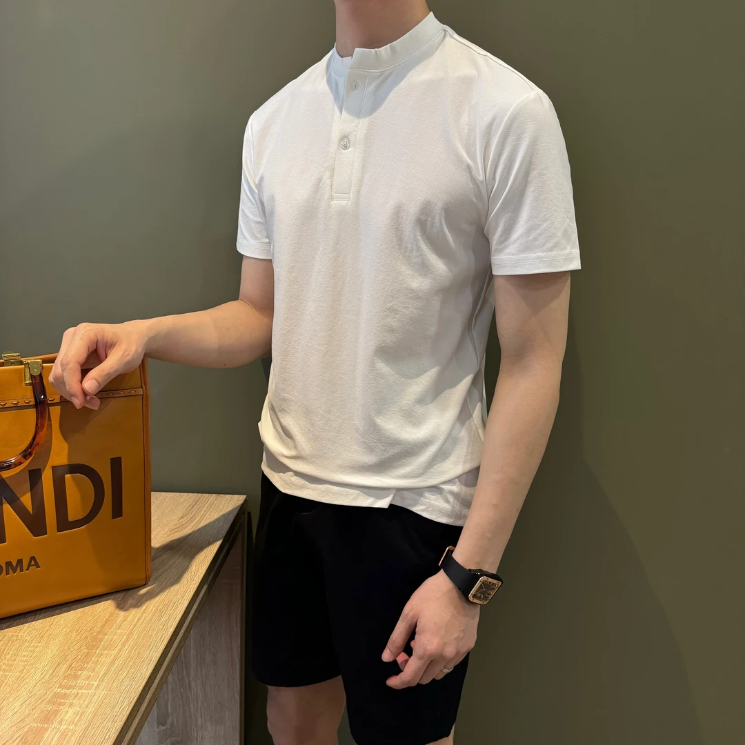 WUSHE物社【轻薄百搭】夏季男士白色痞帅短袖T恤简约亨利领休闲体恤