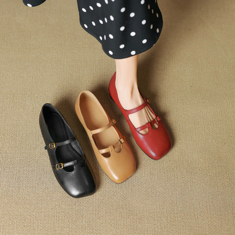诗宝斐尔 法式复古方头T字带玛丽珍平底鞋女春季新款真皮红色单鞋