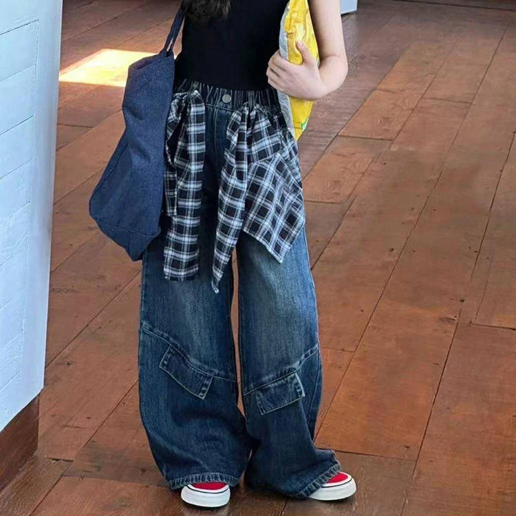 女童裤子春秋装2025新款女孩早秋潮酷牛仔裤儿童阔腿裤外穿高级感