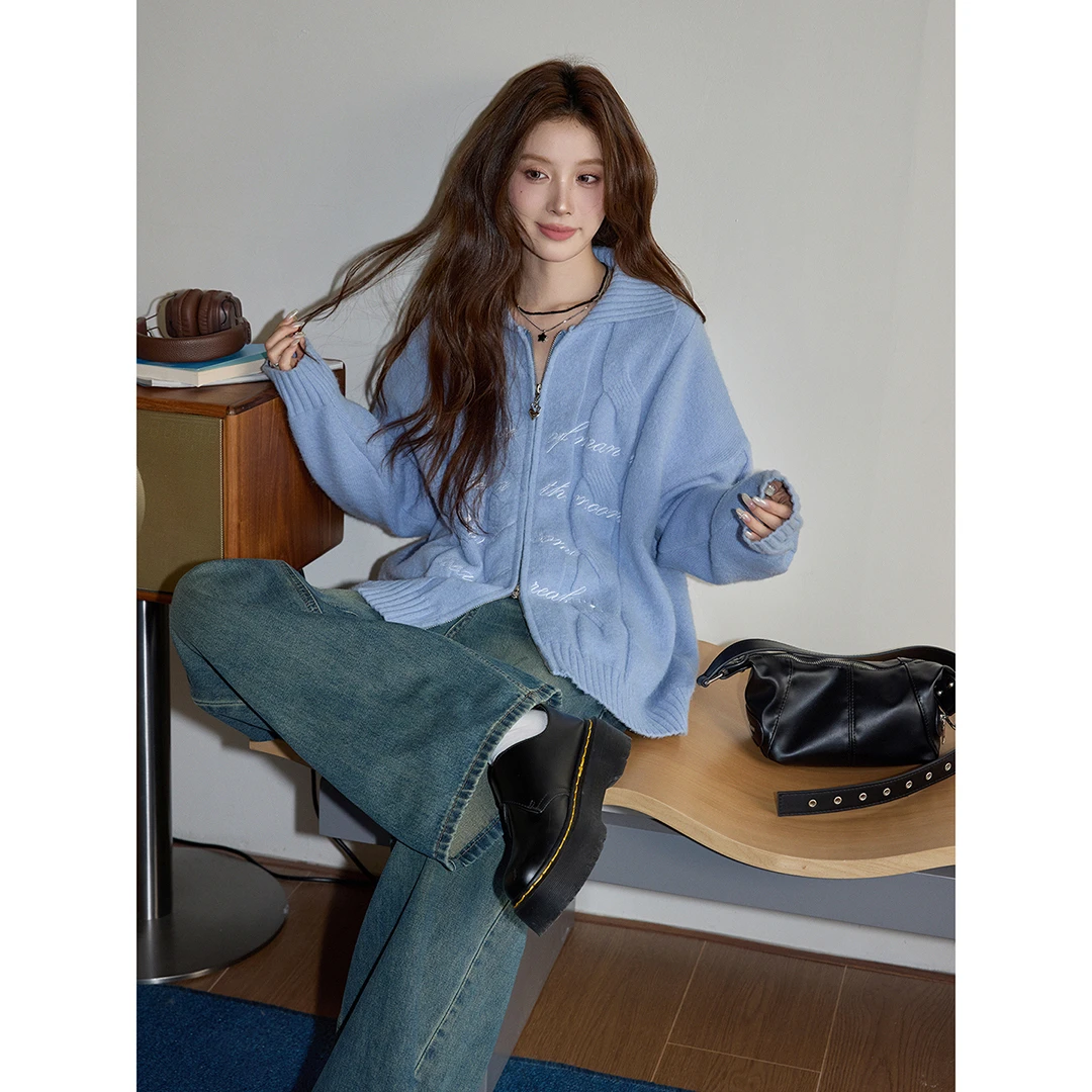 【吵吵家】韩系蓝色翻领开衫毛衣女2025秋冬休闲宽松慵懒长袖上衣