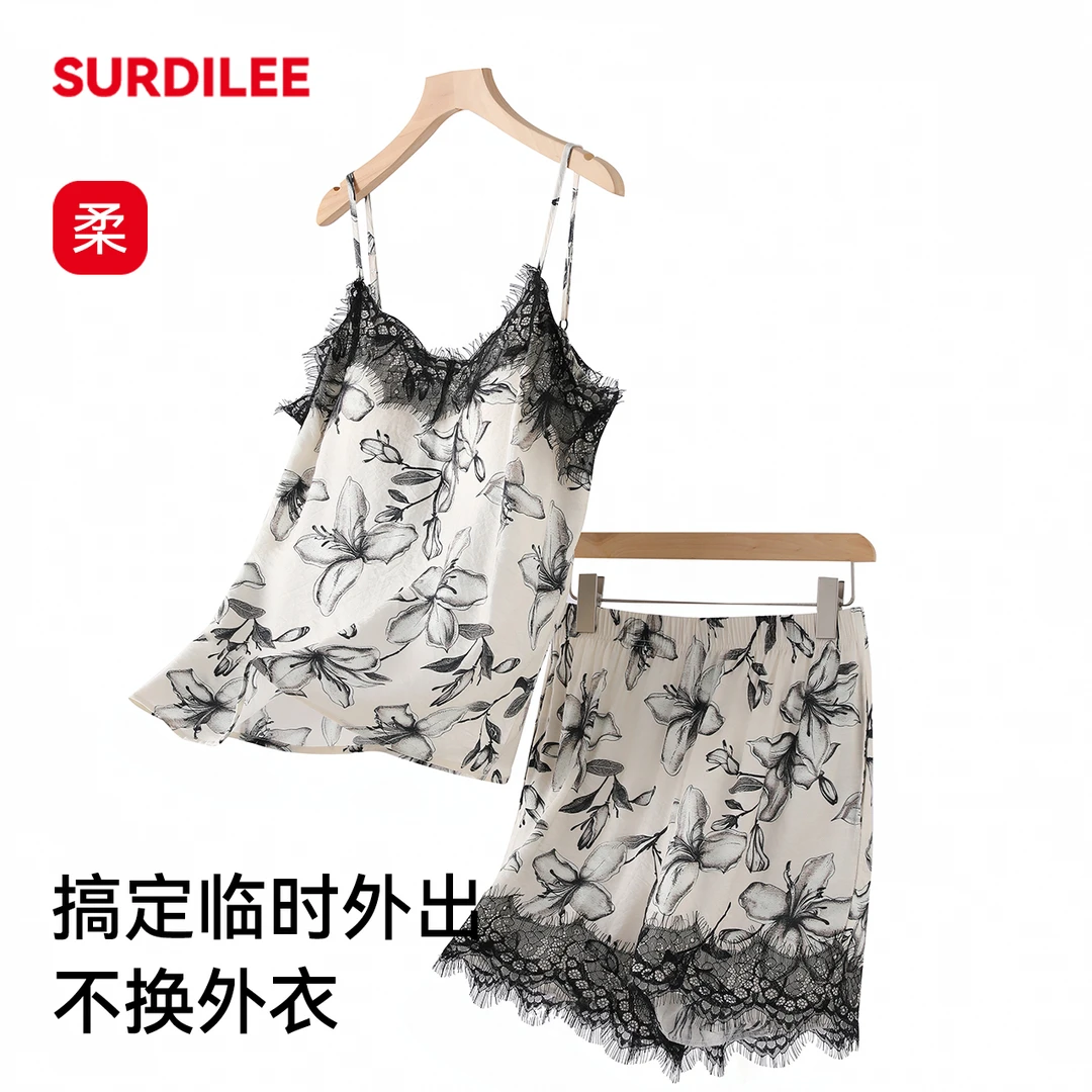 【宅】带胸垫一体带胸垫蕾丝印花吊带套装夏性感B25T01