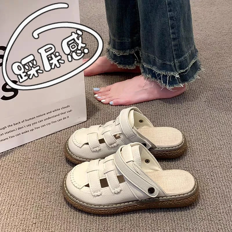 罗马凉鞋女夏季2025新款编织平底包头半托孕妇两穿沙滩凉拖鞋34码