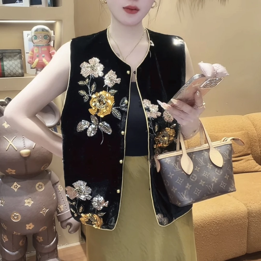 婷婷大美妞-VIP•订制款重工亮片花朵国风马甲（8-9957）