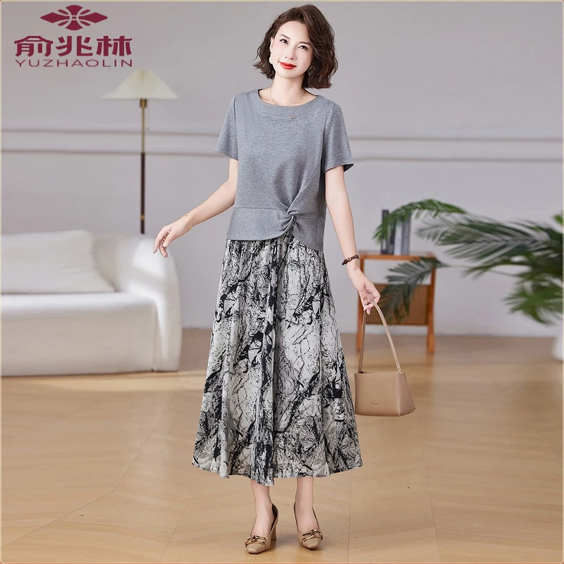 夏季圆领短袖T恤半身裙两件套女简约气质中年妈妈装休闲显瘦套装