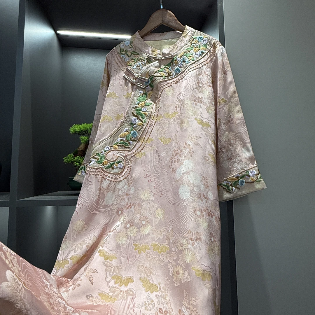 【闺中月】中式连衣裙复古斜襟盘扣绣花春季女装宽松连衣裙1118