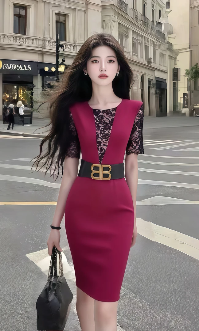 夏季上新温柔风酒红色圆领修身收腰包臀连衣裙女轻奢优雅时尚气质