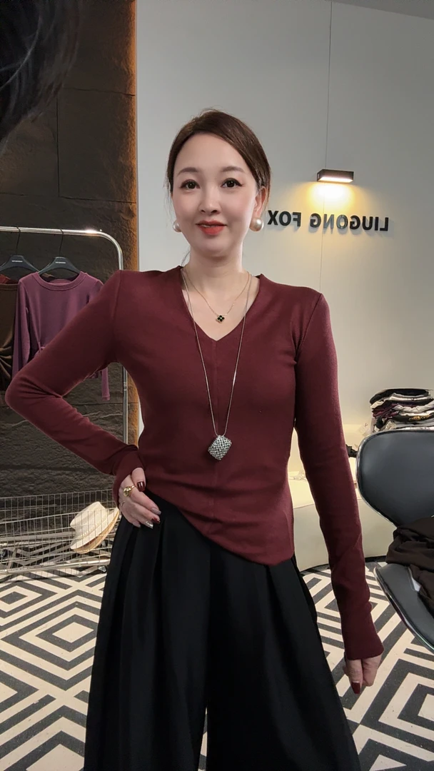 V领打底衫纯色2025秋冬新款简约高级感百搭长袖上衣小衫T恤气质