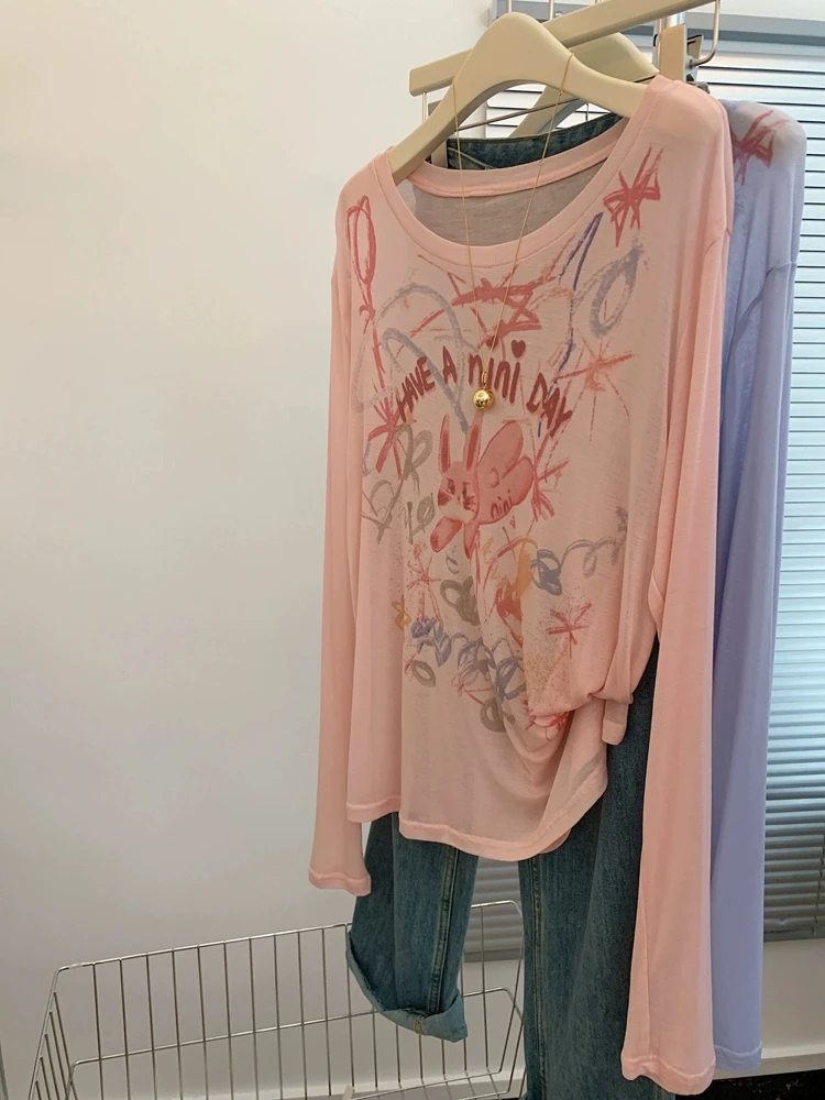 粉色薄款印花长袖t恤女宽松慵懒风显瘦多巴胺防晒罩衫薄纱上衣夏
