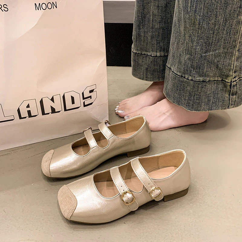 复古拼接方头玛丽珍鞋2025春夏新款韩版双排扣带平底低跟浅口单鞋