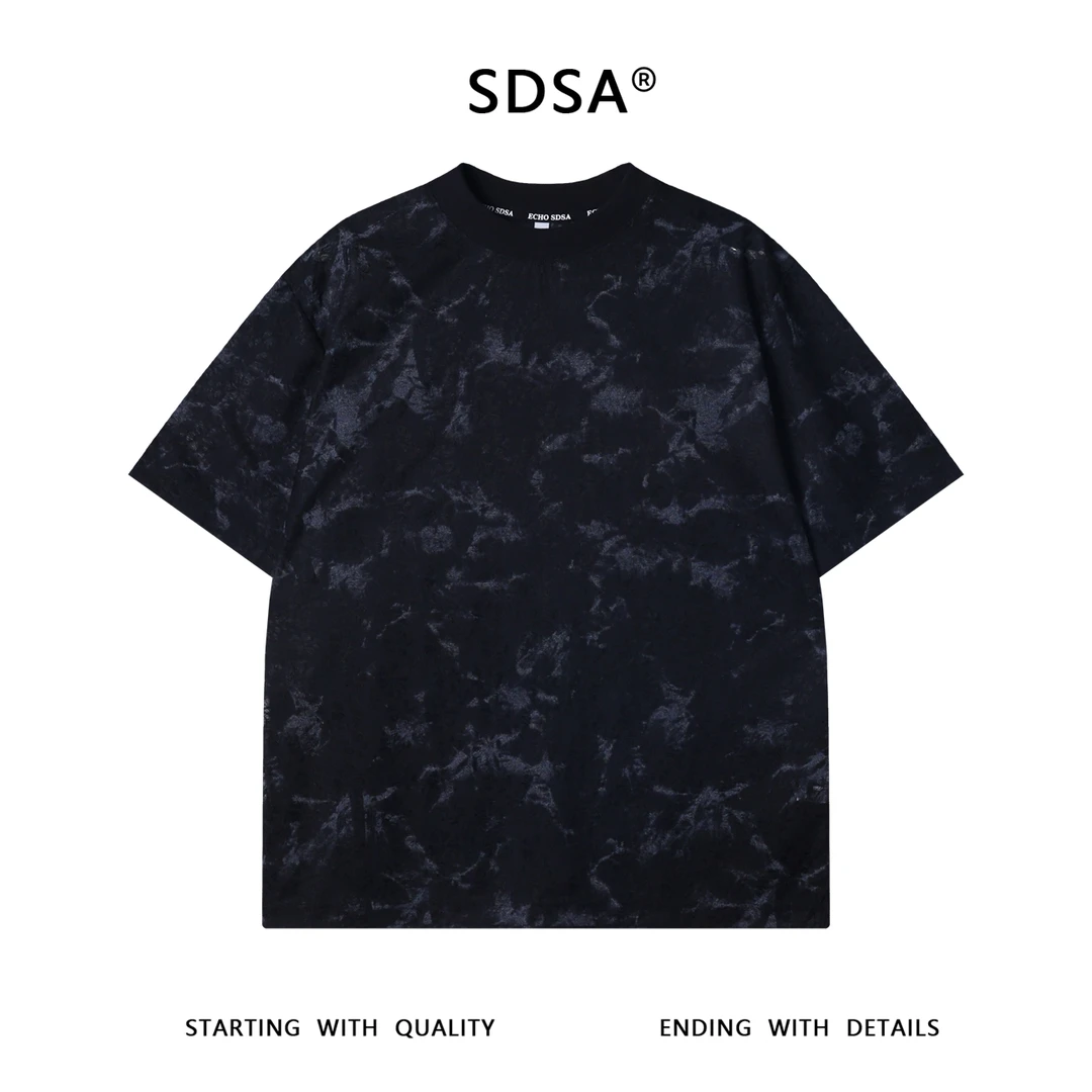 夏季高级感新款美式扎染磨破圆领短袖T恤舒适亲肤百搭宽松上衣