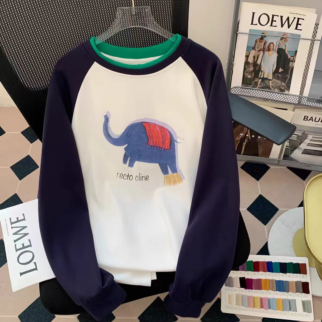 秋季可爱大象印花插肩袖卫衣新款宽松设计感撞色拼接长袖24246