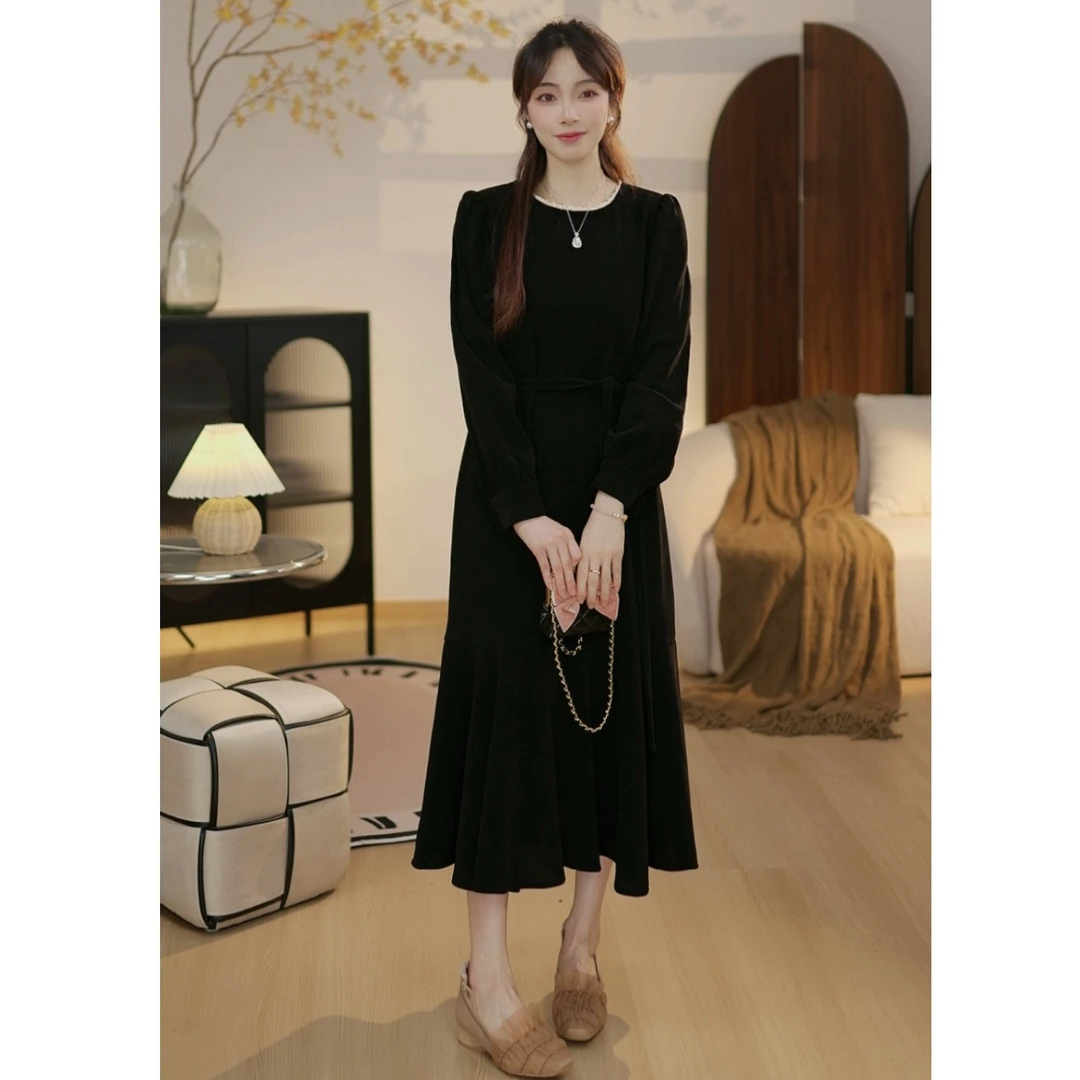 【时光手册TX】法式宽松气质显瘦高级感领口拼接秋冬连衣裙