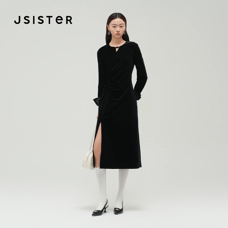 jsister 冬装新款 JS女装气质黑色丝绒连衣裙 S442111023