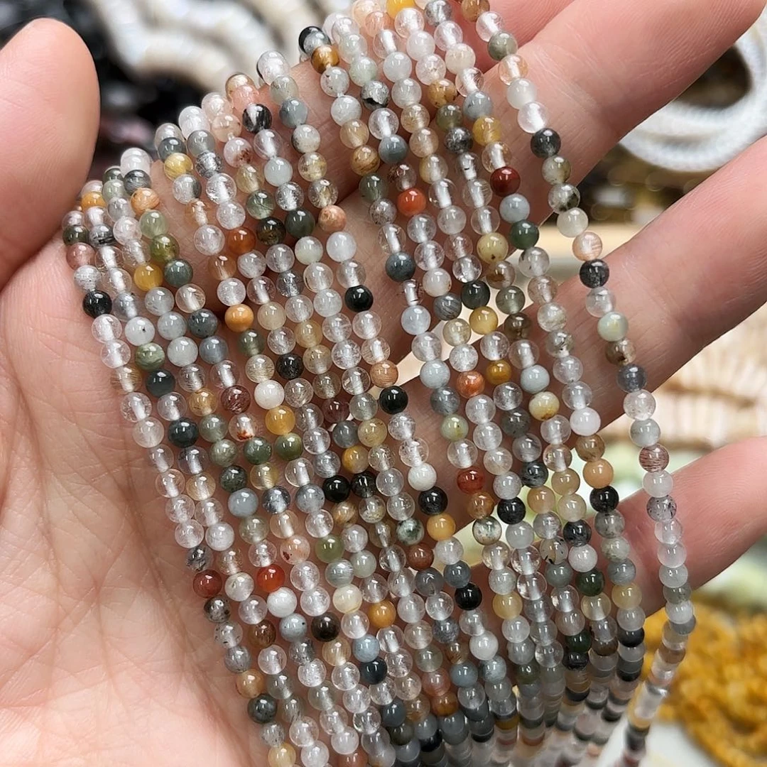 玛瑙/玉髓未镶嵌珠宝半成品卡3彩兔毛圆珠一条