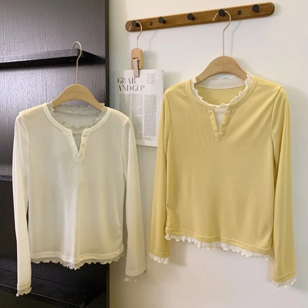 A-2360东大门打底衫拼接设计感长袖百搭圆领T恤