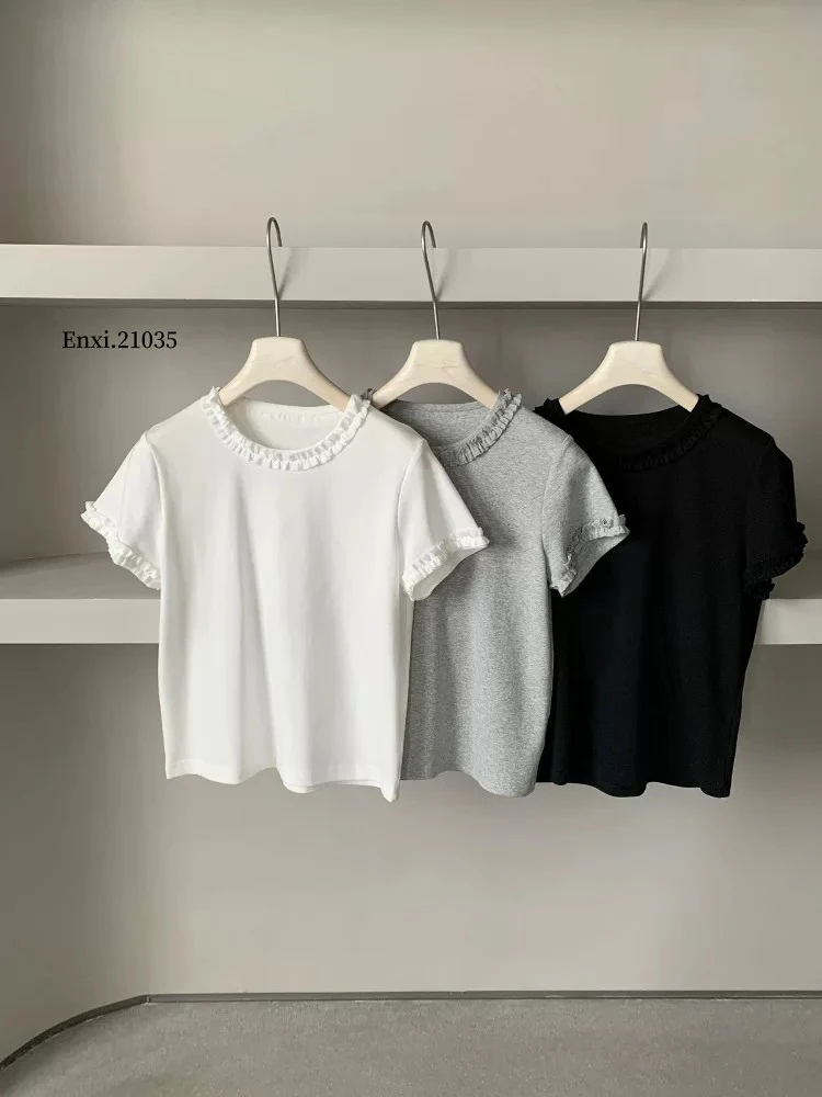 木耳花边领短袖T恤女韩系甜美设计感小个子棉t恤
