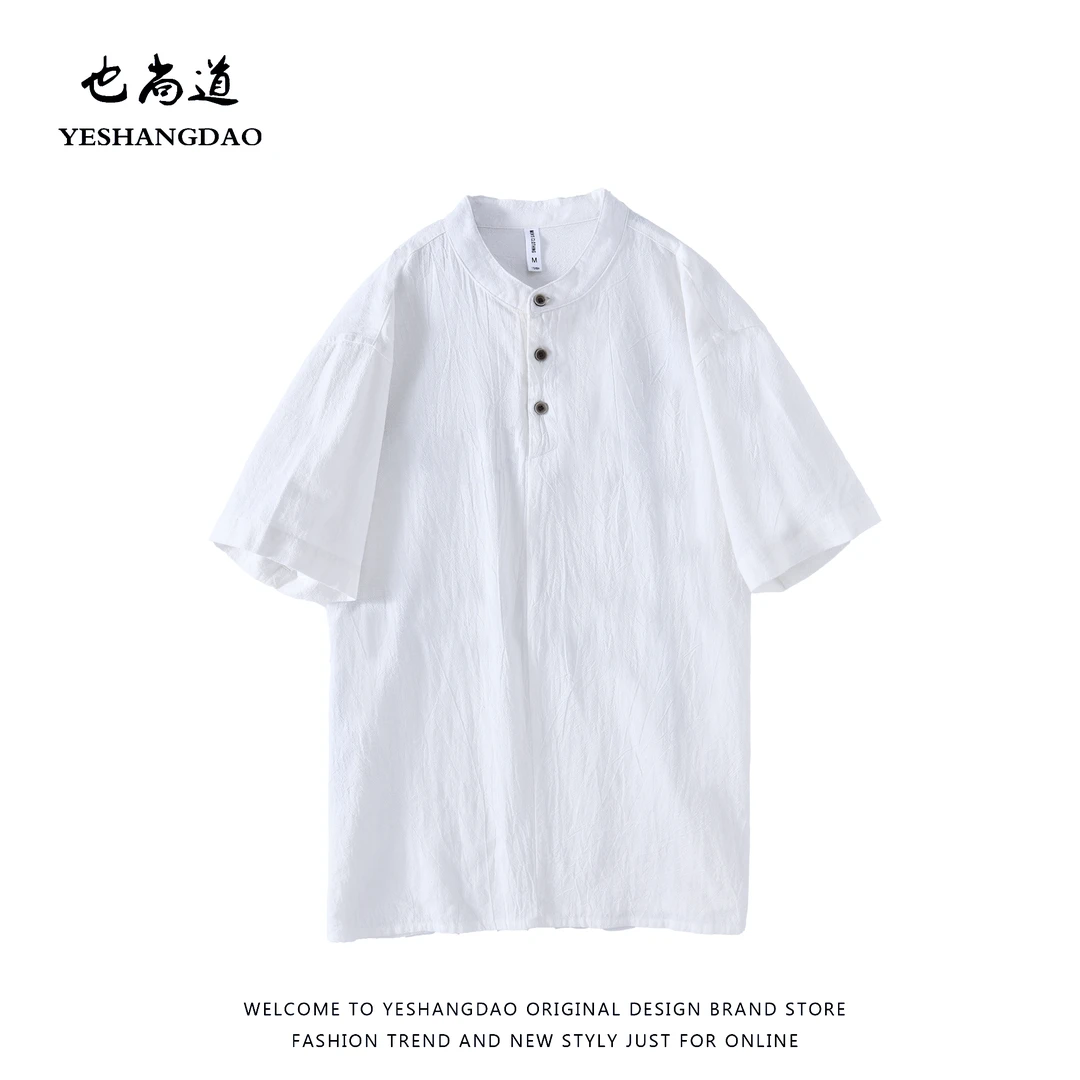夏季新款高级感做旧皱褶亚麻短袖宽松透气棉麻质感休闲气质帅衬衣