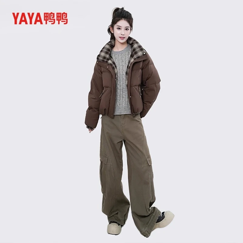 鸭鸭正品加厚羽绒服女2025年冬季新款时尚格子拼接短款面包服外套