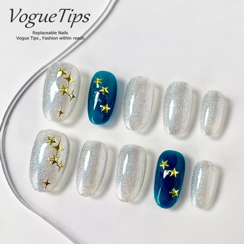 VogueTips 星月夜语手工穿戴甲简约ins风短款美甲片短椭圆ZB556