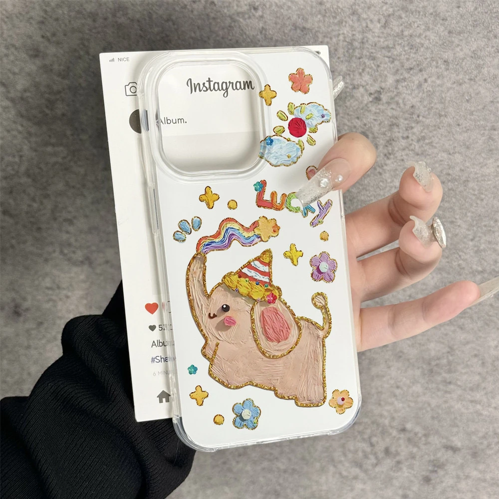 快乐彩色小象适用苹果16大孔15手机壳iPhone14/13透明12双层11女