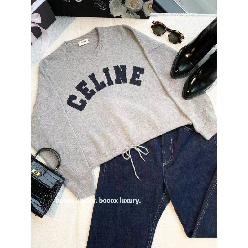 95新 Celine/思琳   xw149 羊毛 灰色大logo羊绒毛衣 XS码