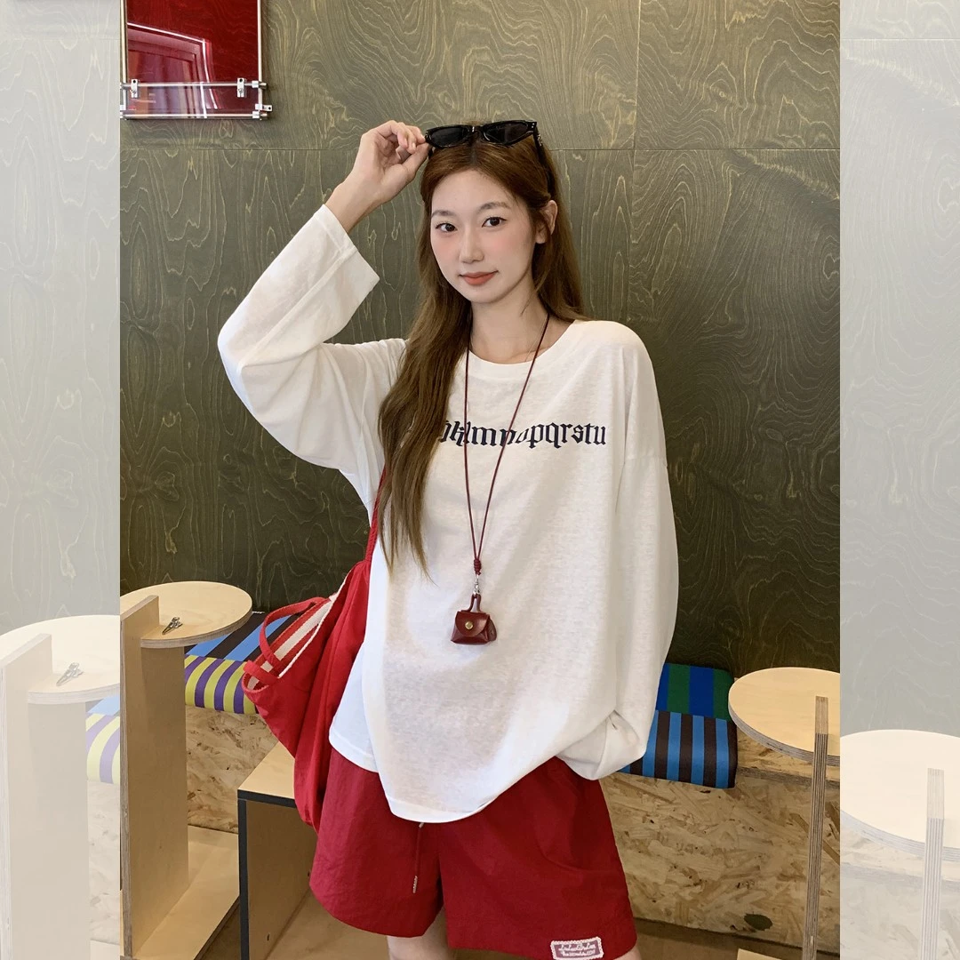 白色圆领字母印花长袖t恤女2025秋季新款宽松显瘦慵懒感上衣