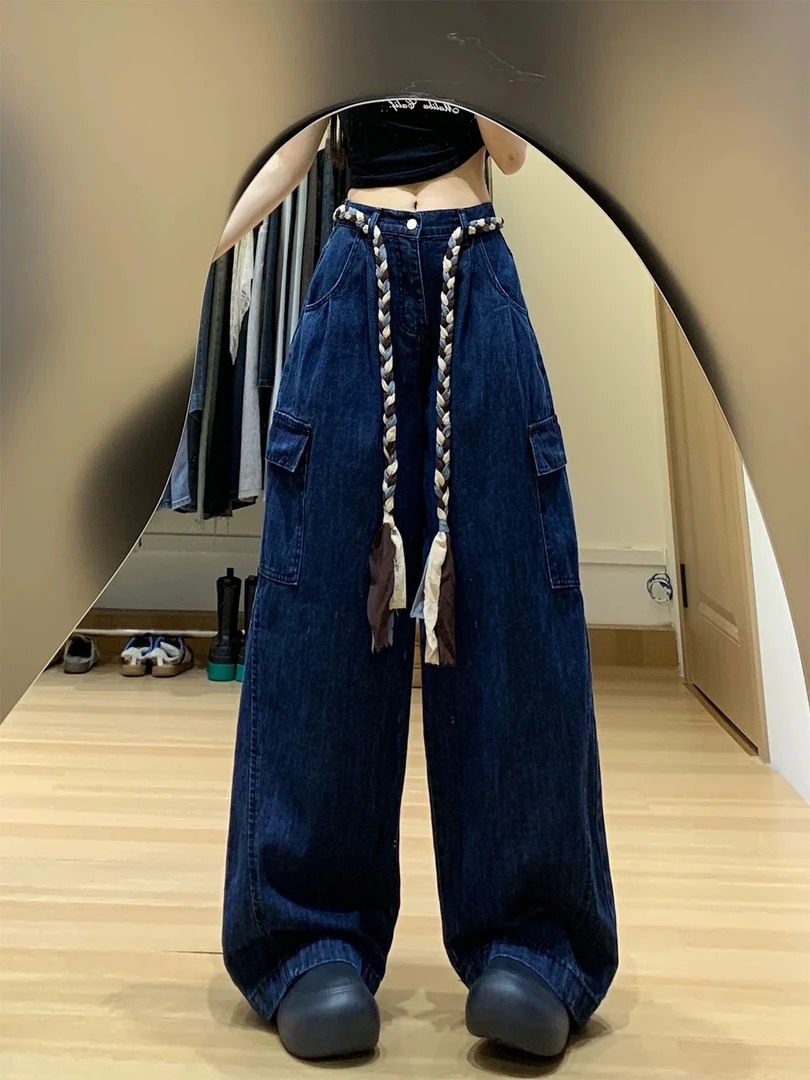新款2025秋季显瘦美式弯刀工装裤复古高腰阔腿牛仔裤直筒百搭