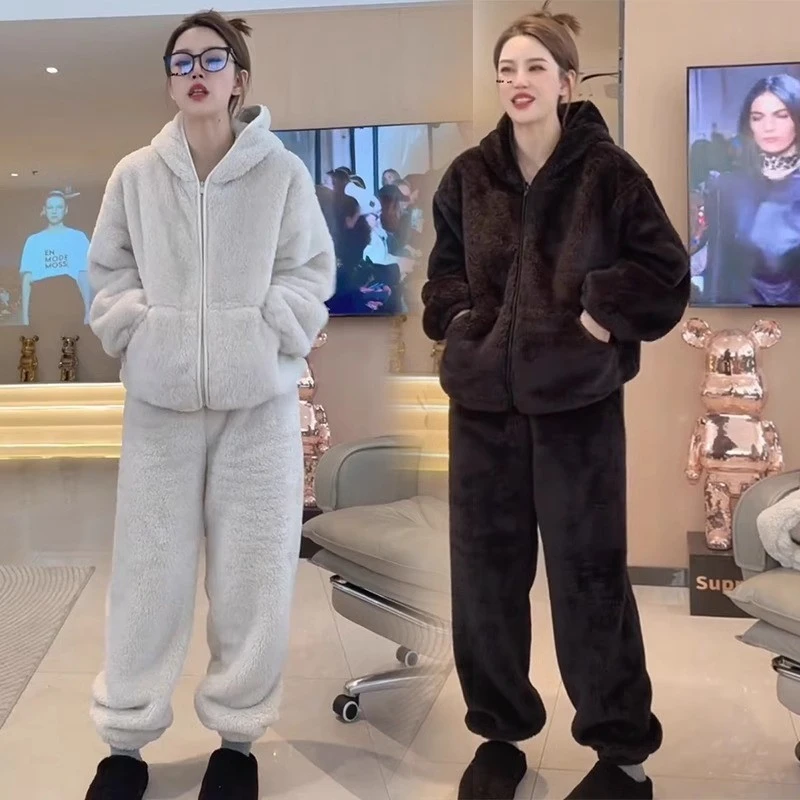 韩版珊瑚绒睡衣宽松女装2025冬季新款时尚加绒加厚家居服两件套装