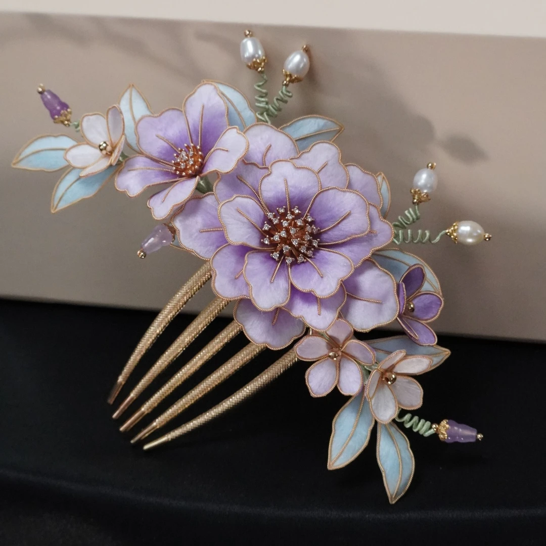紫色花插梳黑檀非遗绒花发饰头饰南京新中式古风旗袍插梳手工