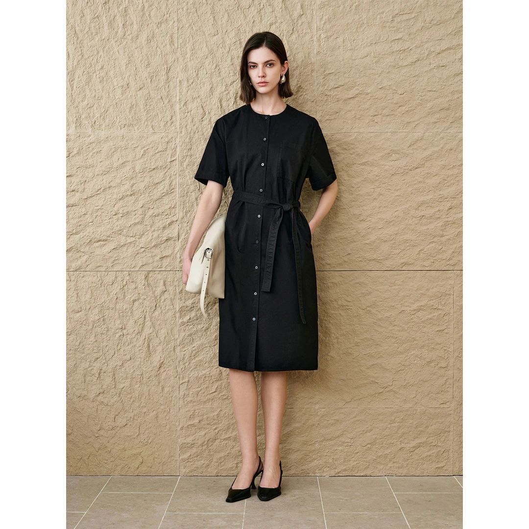 INSUN恩裳2025圆领休闲感全棉黑色夏季连衣裙9C35305040