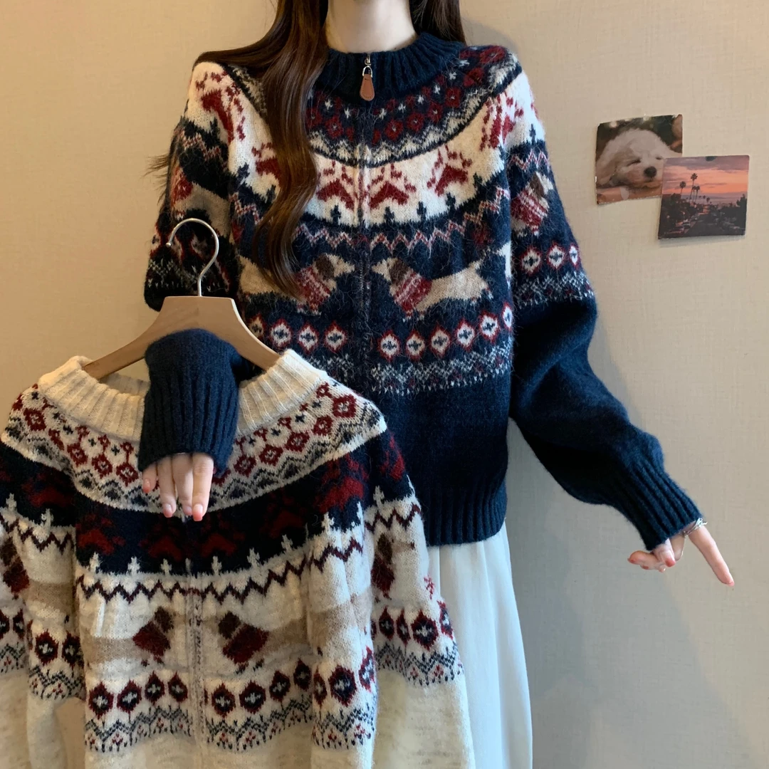 费尔岛圣诞加厚毛衣女秋冬大码胖MM新款复古减龄提花针织衫6281