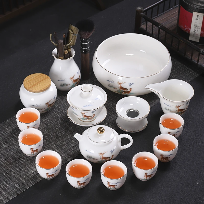 羊脂玉家用办公会客功夫茶具德化玉白瓷茶具轻奢一鹿高升茶具整套