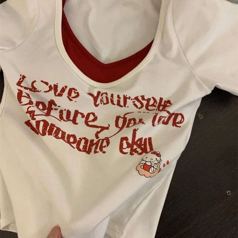 美式字母假两件短袖t恤女夏季新款设计感小众辣妹修身短款上衣潮