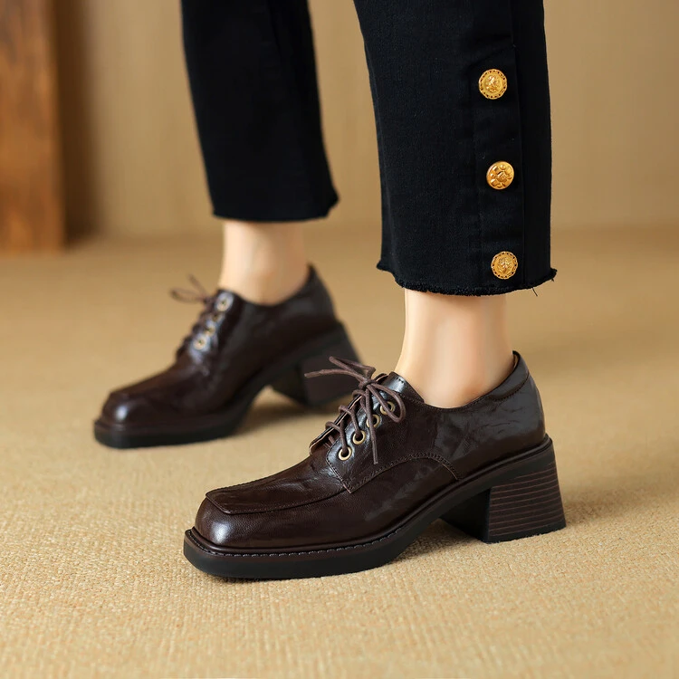 头层羊皮~5cm中跟粗跟系带乐福鞋女春秋新款单鞋英伦风方头小皮鞋