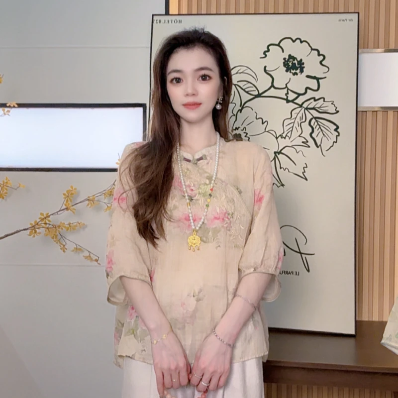 富贵人家025夏季复古文艺刺绣麻纱国风宽松五分袖轻薄百搭衬衫