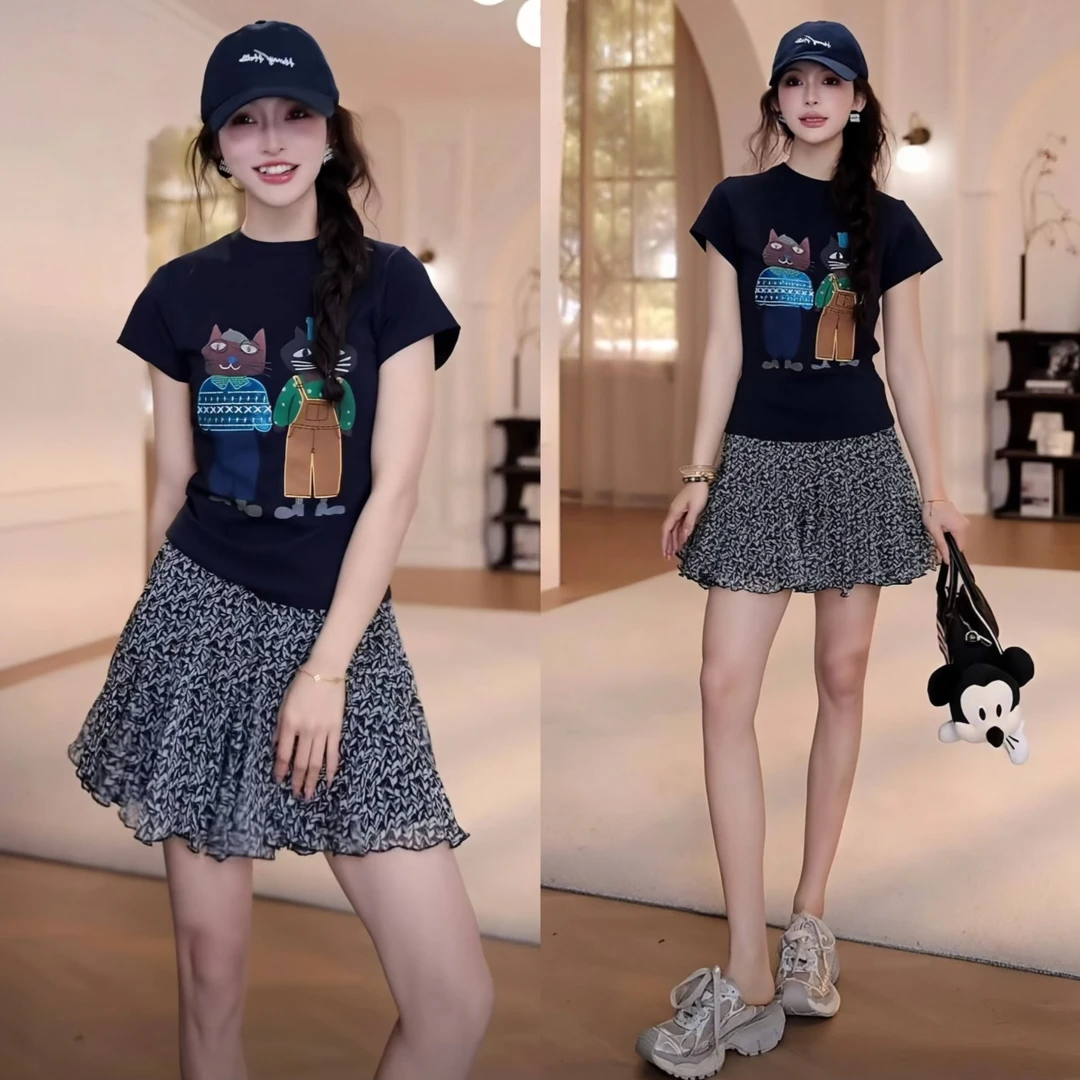 2025夏季卡通印花短袖T恤上衣百搭碎花半身裙休闲套装洋气衣服女