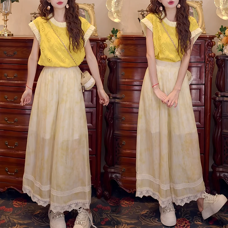 2025年夏季新款圆领拼色飞飞袖上衣高腰休闲裤套装女生时尚两件套