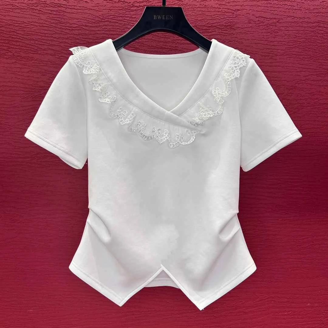 【荷叶边领】25年夏季设计感V领时尚半袖显瘦短袖T恤百搭修身