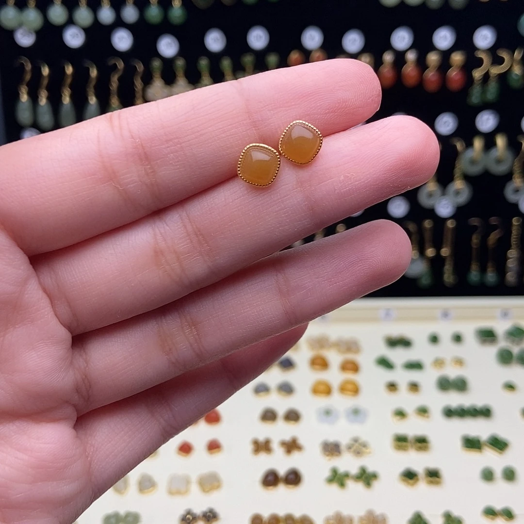 和田玉银S925镀金镶嵌耳饰