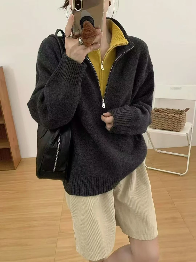 假两件毛衣松弛感宽松大版毛衣拉链女套头高领